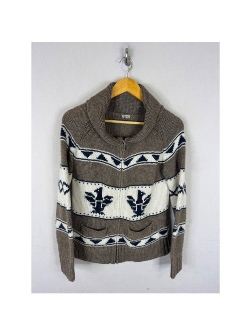 Kismet Wool Blend Full Zip Shawl Collar Eagle Intarsia Knit Sweater Taupe M